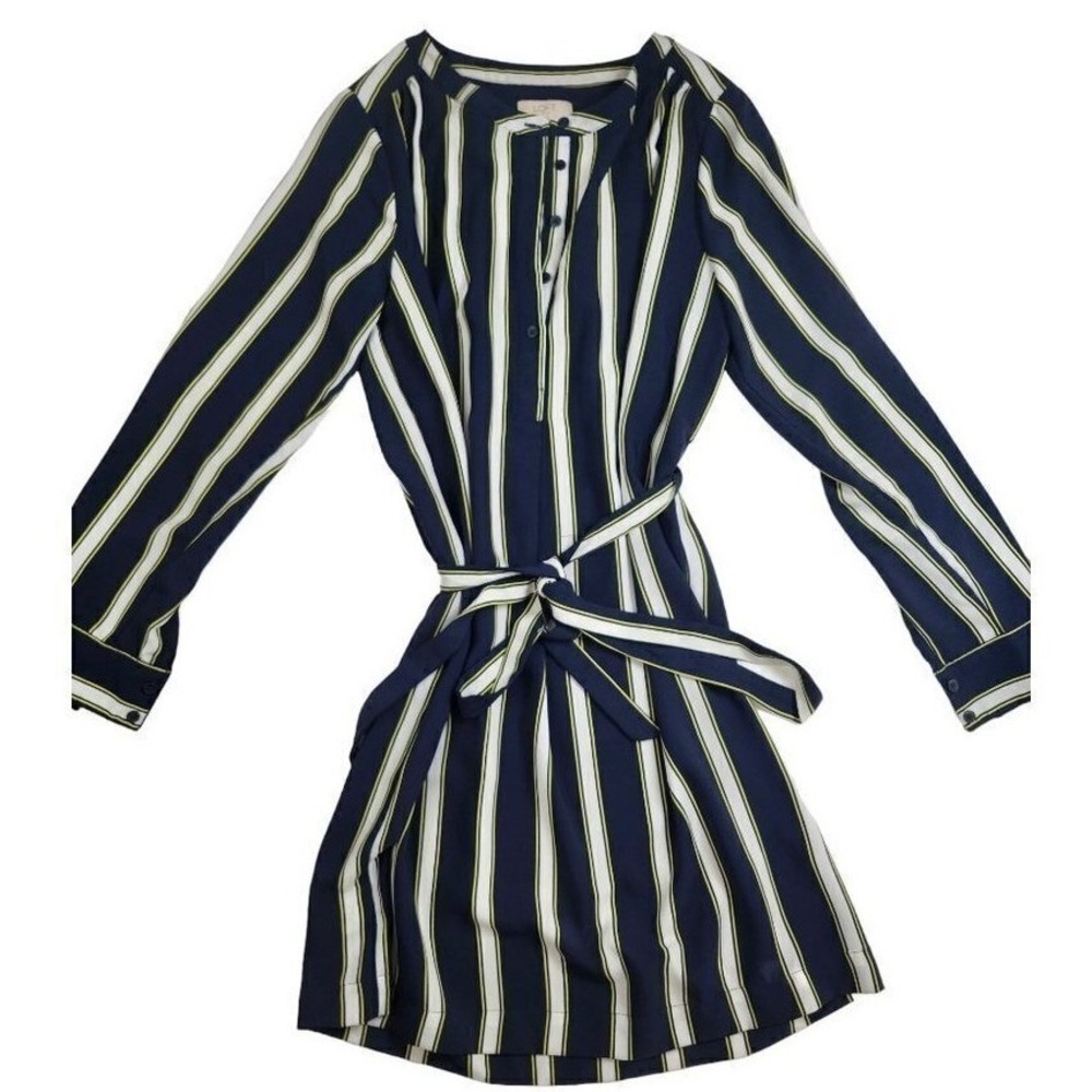 Loft Navy Blue Striped Long Sleeve Belted Shift‎ Dress Women Small